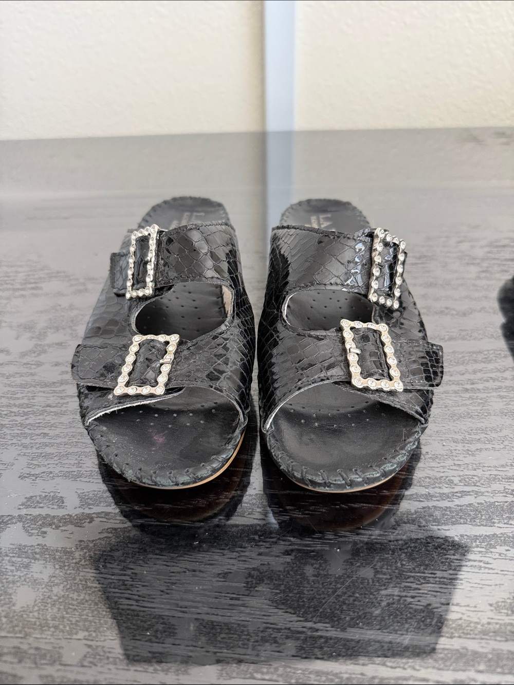 Black Women's Slide Sandals with Decorative Buckles by La Plume